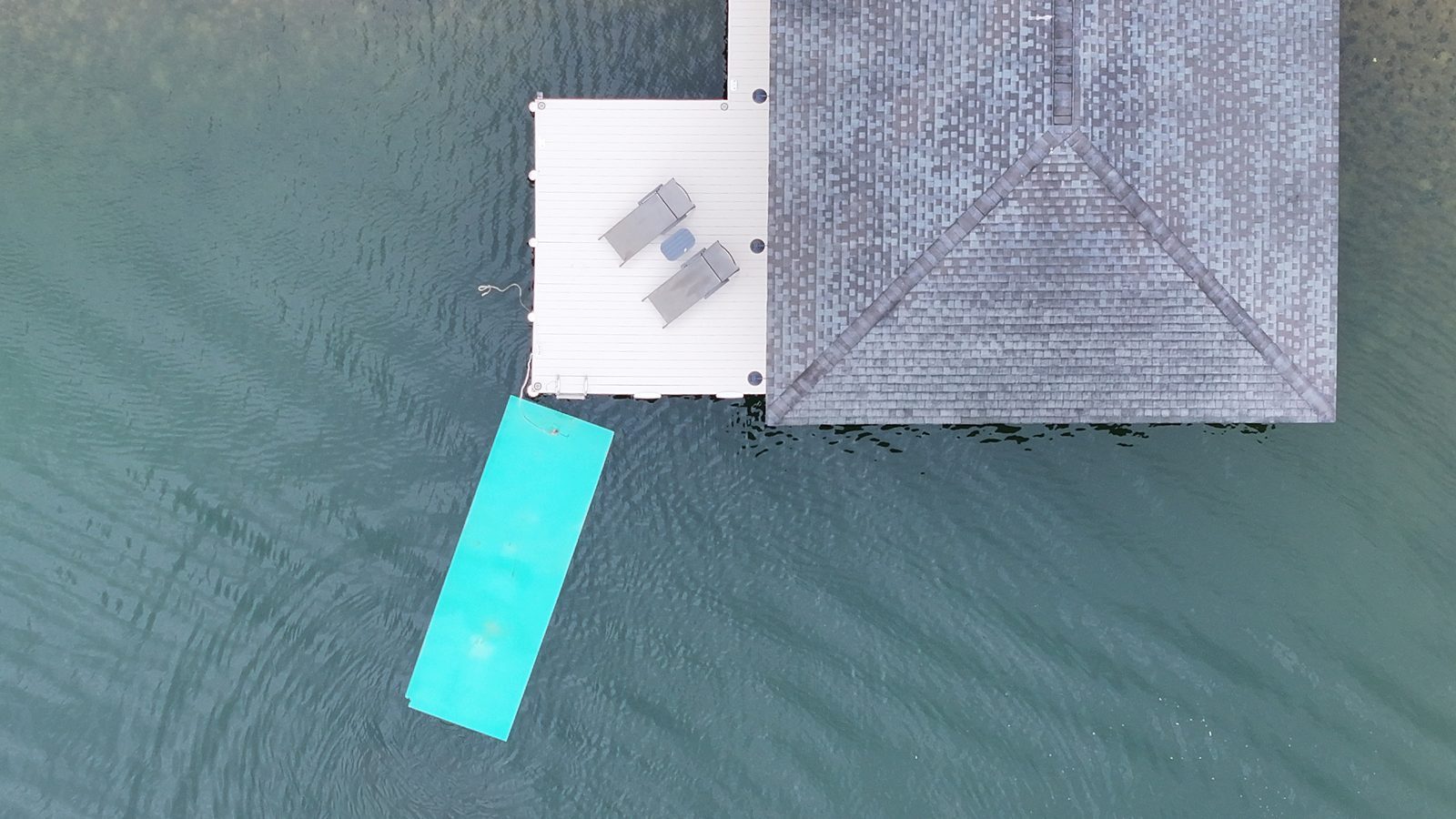 Aerial view of the floating mat beside the covered dock