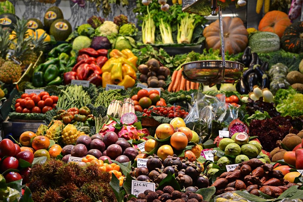 Fresh fruit and vegetables in a bright produce section